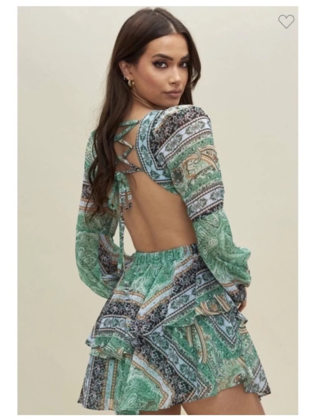 Luxxel Green Paisley Print Cut-Out Ruffle Mini Dress Size Medium NWT - Picture 2 of 8